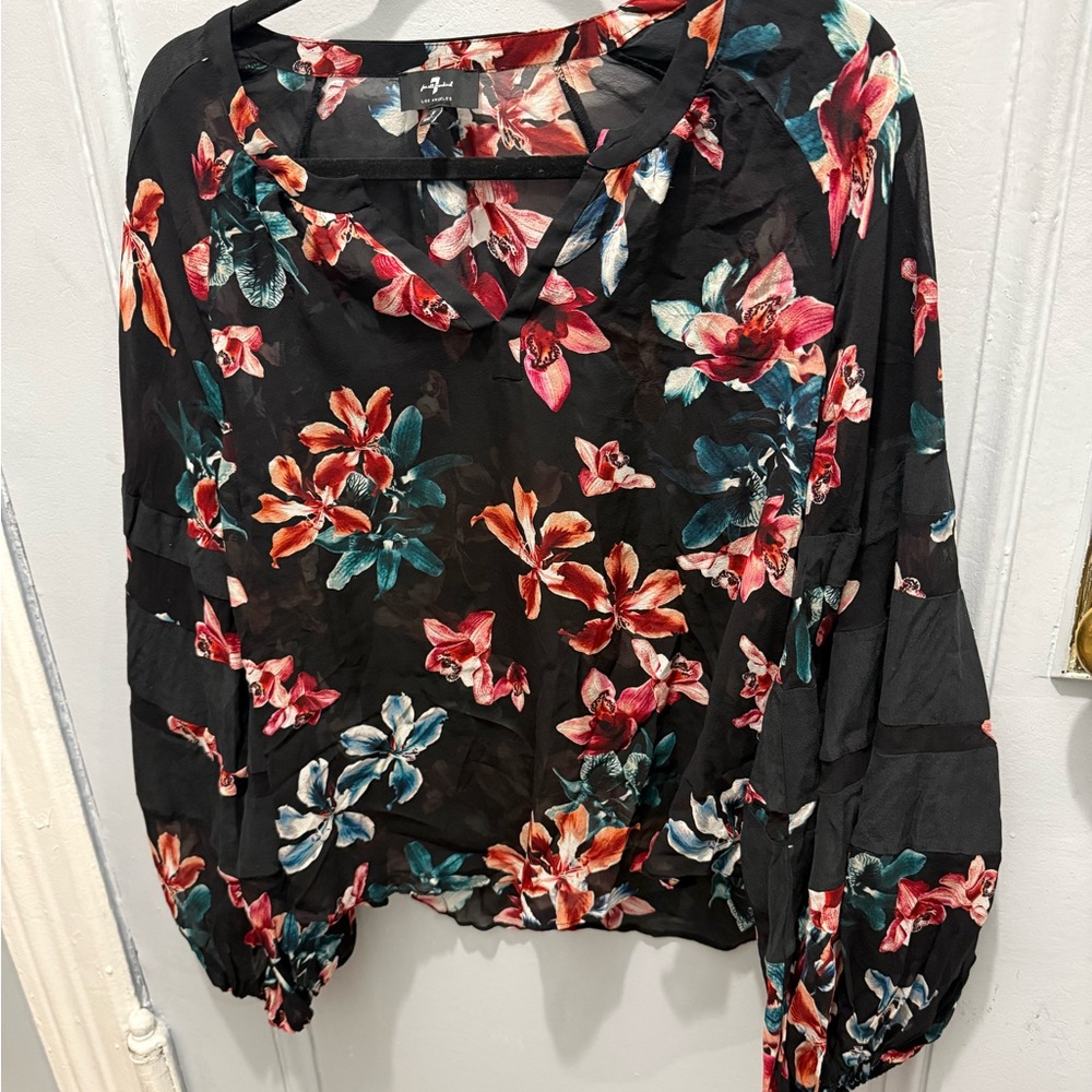 7 For All Mankind Black Floral V-Neck Long Sleeve Blouse